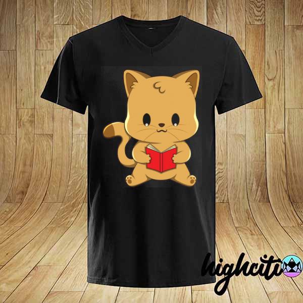 Cat reading book kawaii anime japanese shirt