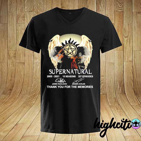 Original supernatural 2005 - 2021 15 seasons 327 episodes jared padalecki and jensen ackles signatures thank you for the memories shirt