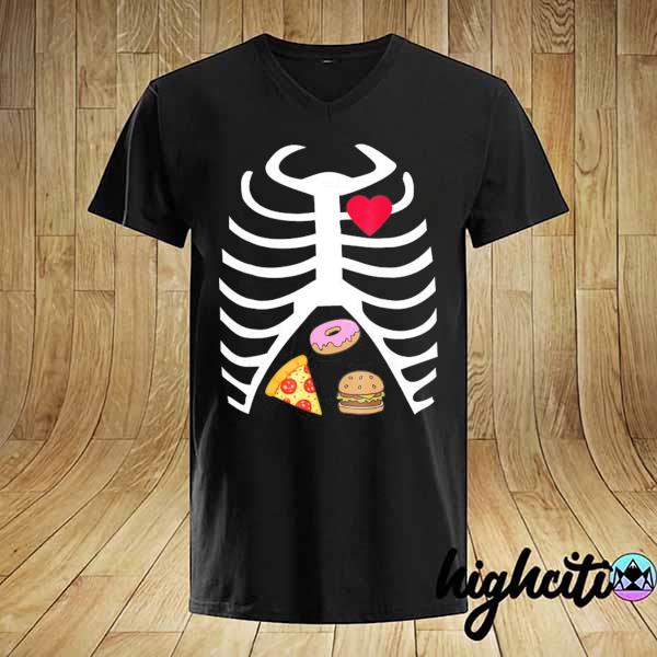 Skeleton stomach with burger pizza and donut inside shirt