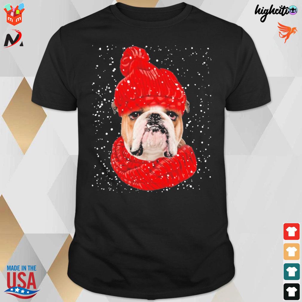 English Bulldog wearing red hat Christmas t-shirt