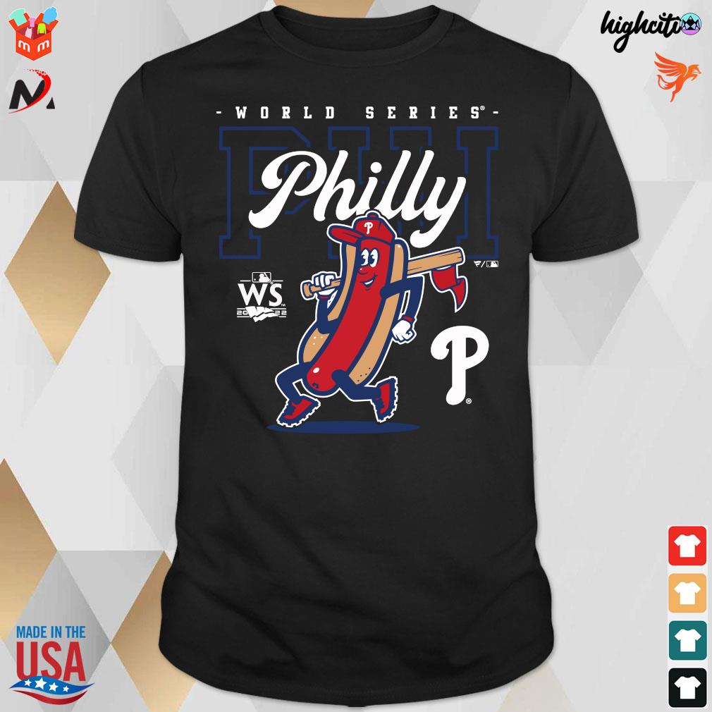 Official Philadelphia phillies fanatics branded youth 2022 world series on to victory red hotdog t-shirt