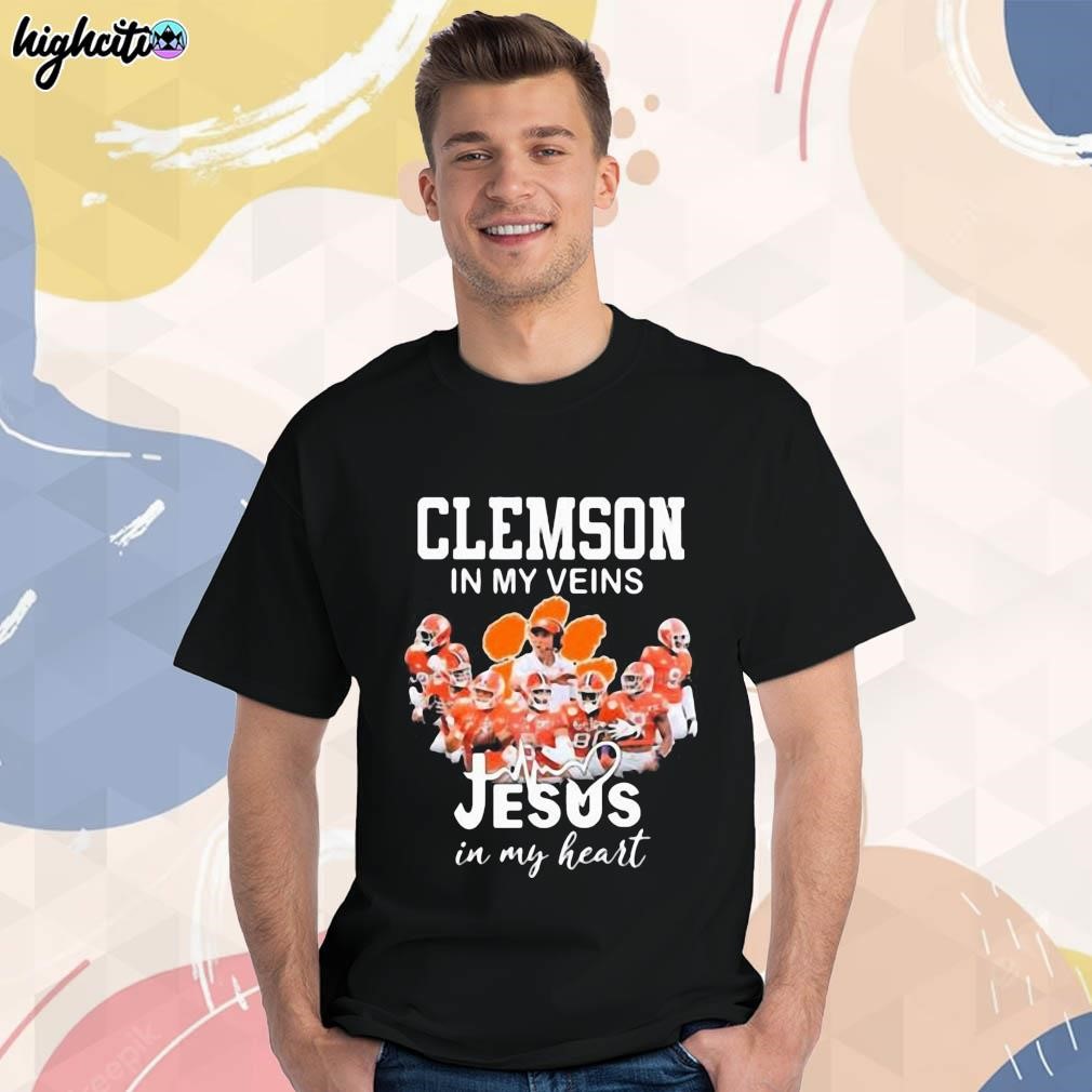 Official Clemson tigers in my veins Jesus in my heart 2023 signatures photo design t-shirt