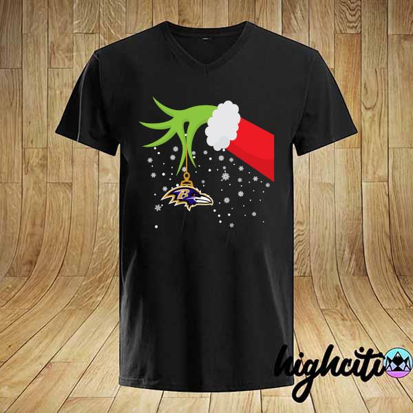 Grinch hand holding Ornament Baltimore Ravens Christmas shirt, hoodie,  sweater and long sleeve